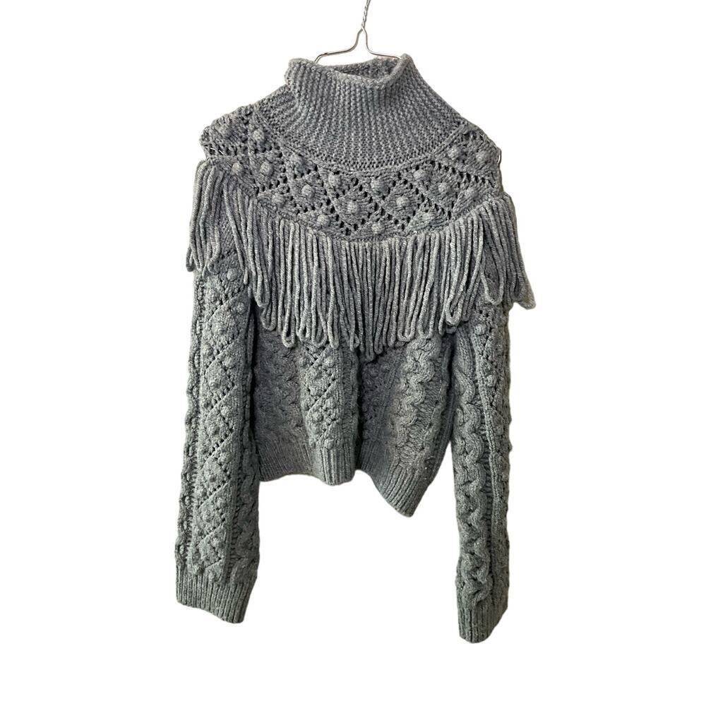 Zara Cropped Turtleneck Sweater Chucky Knit Fringe‎ Pullover Grey Size Small NEW